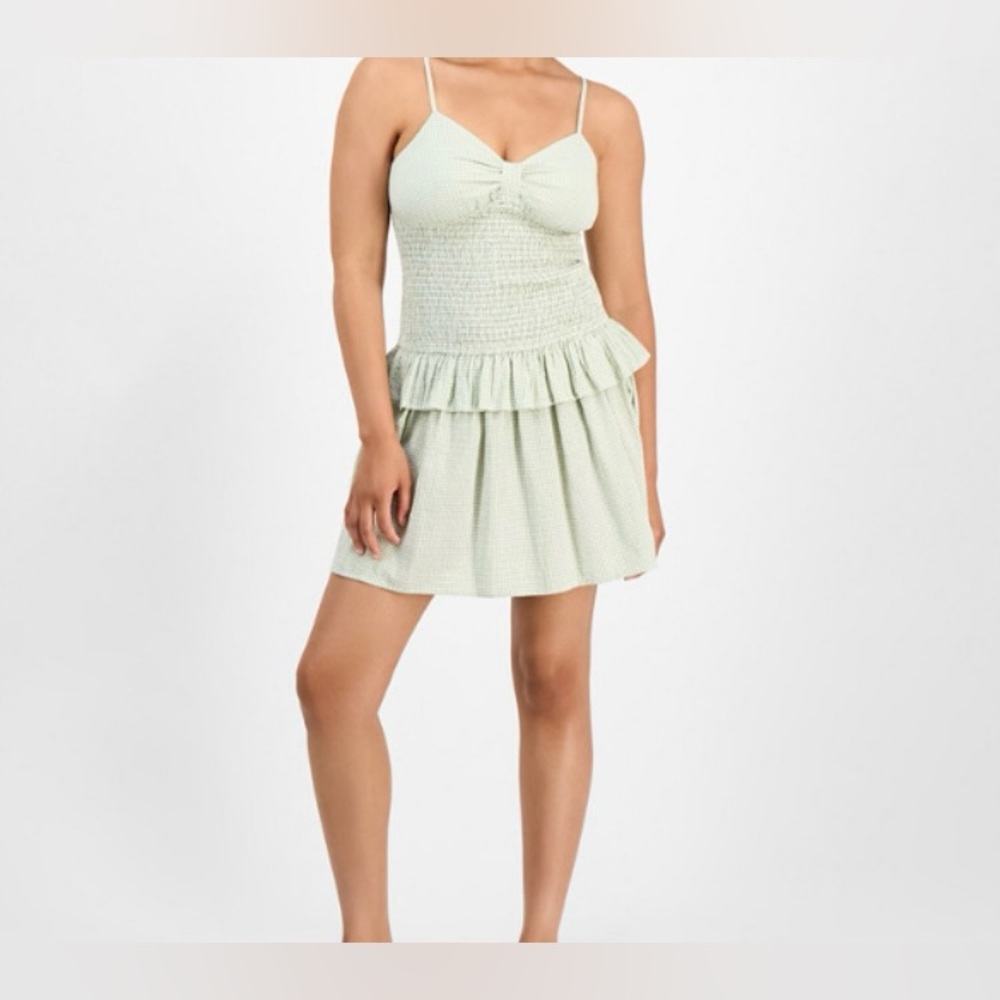 Smocked Spaghetti-Strap Mini Dress in Mint Green and White